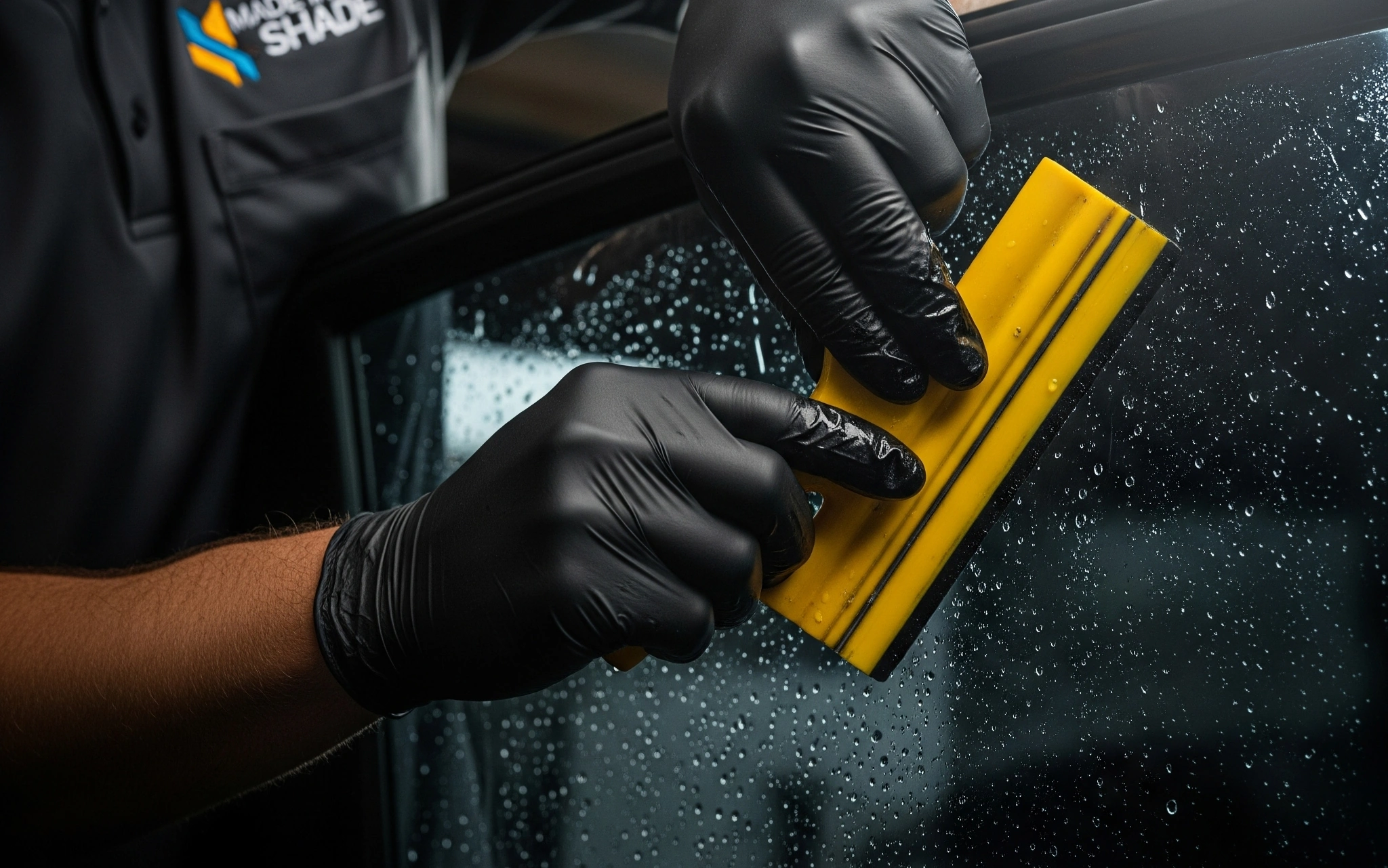 Technician putting window tint on