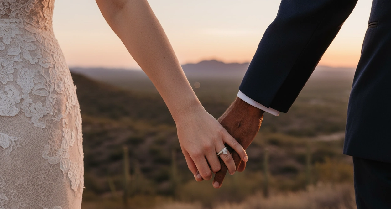Newlyweds holding hands