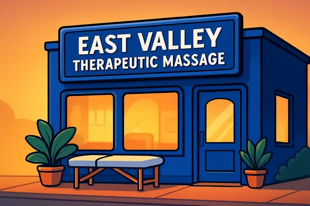 The thumbnail depicts a cheerful, cartoon-style storefront of East Valley Therapeutic Massage set against a vibrant background illuminated with a warm glow. The building features clean, inviting lines with large, welcoming windows that reveal a cozy interior, emphasizing comfort and relaxation. The primary color #1315da dominates the scene, used as the storefront's signage and accent details, creating a strong, cohesive visual identity. The sign prominently displays the business name in bold, friendly lettering, with subtle white highlights that make it stand out clearly. The facade is outlined in crisp black, adding definition and contrast, while the windows and door frames are highlighted with soft white accents, enhancing the inviting atmosphere. In front of the shop, a cartoon rendition of a massage table and a few lush green plants add an extra touch of serenity and health. Soft, rounded shapes and friendly curves give the overall aesthetic a warm, approachable feel, appealing to local residents seeking relaxation. The background maintains a simple gradient with subtle light effects, emphasizing the business's welcoming presence in Mesa, Arizona. The composition guides the viewer's eye directly to the business name, making it instantly recognizable and inviting, perfect for background marketing or branding purposes.