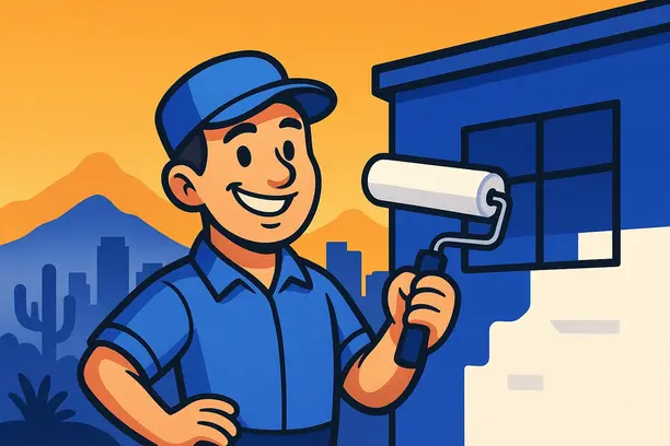 The thumbnail features a vibrant cartoon-style illustration set against a warm, inviting atmosphere, with a primary color palette dominated by rich #1315da hues complemented by crisp whites and deep blacks. The composition centers on a cheerful, friendly painter character wearing a painter’s cap, holding a roller brush, and smiling confidently. Behind the character, an inviting Phoenix skyline silhouettes softly in the background, with iconic desert mountains and the city’s skyline faintly outlined to establish location without overwhelming the scene. To the side, a stylized, partially painted building facade showcases fresh, glossy white paint with subtle shading, emphasizing the painting service. The foreground uses bold, rounded shapes to create a clean, approachable look, with the painter and the building slightly exaggerated to enhance cartoon appeal. Warm, subtle gradients with shadows add depth while maintaining a flat, graphic style. The overall atmosphere exudes friendliness and expertise, perfect for introducing Marcel Painting’s services. The background is simple yet lively, with hints of desert plants or cacti subtly integrated to evoke Phoenix’s desert climate. No text is included to keep focus on the visual storytelling, making the thumbnail attractive and clear for potential viewers seeking local, friendly painting services.