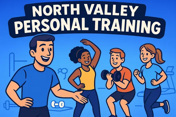 The thumbnail features a vibrant, cartoon-style illustration centered around North Valley Personal Training, set against a warm, inviting backdrop with soft gradients of #1315da as the dominant color, complemented by crisp whites and bold blacks that provide contrast and clarity. In the foreground, a friendly, animated trainer in athletic attire gestures enthusiastically toward a diverse group of cheerful clients engaged in various fitness activities, such as a stretch, a strength exercise, and a cardio move. The trainer’s confident posture is highlighted by clean black outlines, with subtle shading to add dimension, while the clients are depicted with expressive faces and dynamic poses, emphasizing motivation and friendliness. Surrounding this lively scene, the background includes simplified, stylized gym equipment—dumbbells, mats, and a treadmill—rendered in clean white with black outlines, reinforcing the fitness theme. The overall composition guides the viewer’s eye from the energetic trainer to the happy clients, creating a sense of community and warmth. A subtle, rounded banner at the top or bottom features bold, white text with black outlines reading “North Valley Personal Training,” ensuring brand visibility while maintaining the cohesive cartoon aesthetic. The mood is welcoming and energetic, ideally suited to spotlighting their approachable, professional fitness environment in Phoenix.